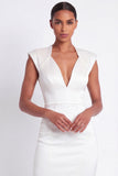 White V-Neck Pencil Midi Cap Sleeves Work Dress