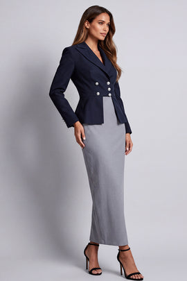 Peak Lapel Navy Sheath Double Breasted Striped Long Work Dress