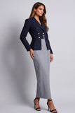 Peak Lapel Navy Sheath Double Breasted Striped Long Work Dress