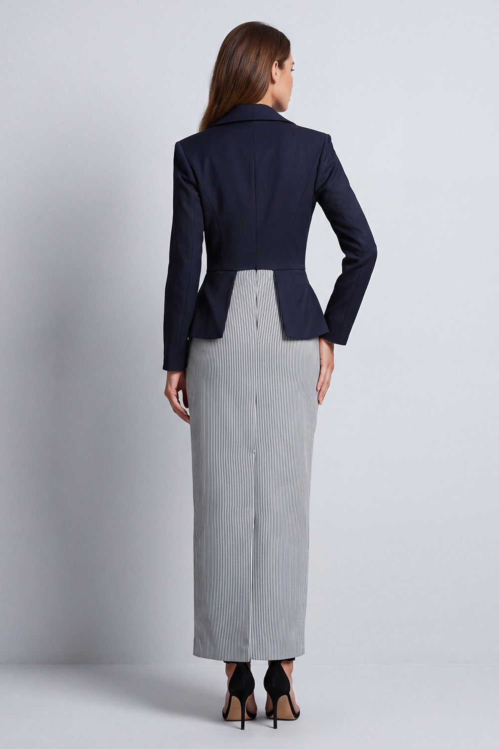 Peak Lapel Navy Sheath Double Breasted Striped Long Work Dress