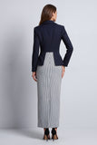 Peak Lapel Navy Sheath Double Breasted Striped Long Work Dress