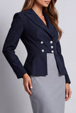 Peak Lapel Navy Sheath Double Breasted Striped Long Work Dress