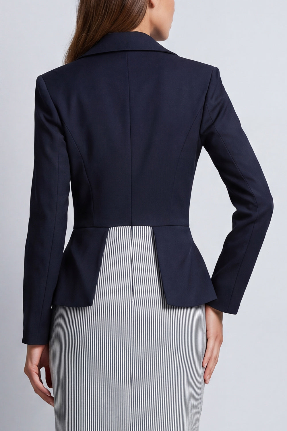 Peak Lapel Navy Sheath Double Breasted Striped Long Work Dress