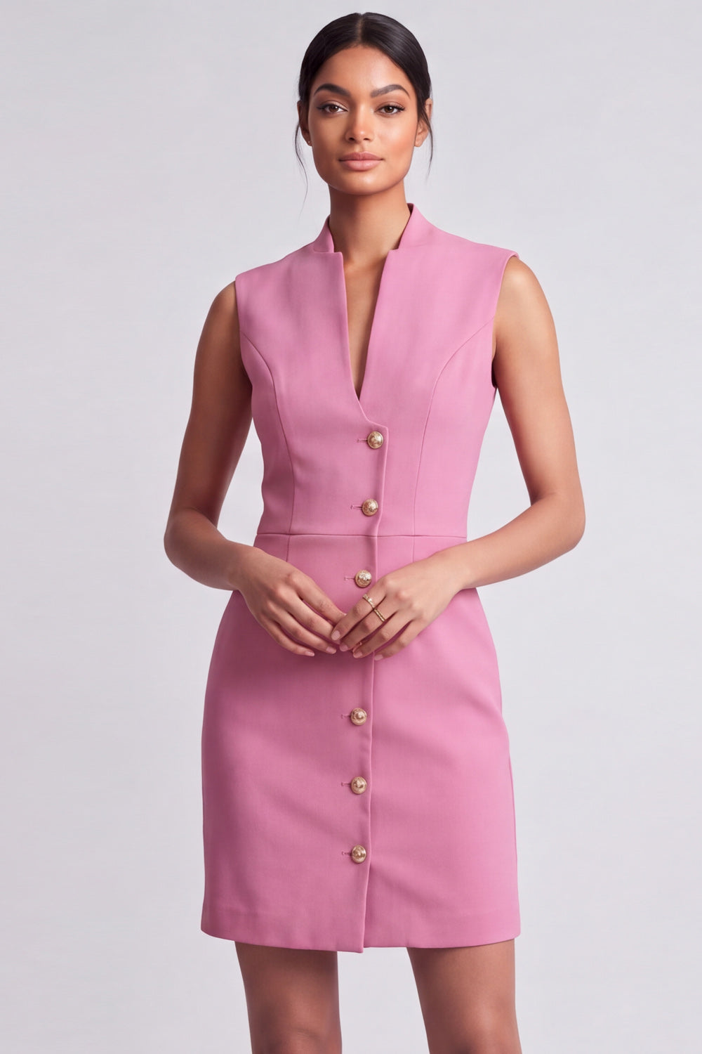 Pink V-Neck Short Single Breasted Work Dress