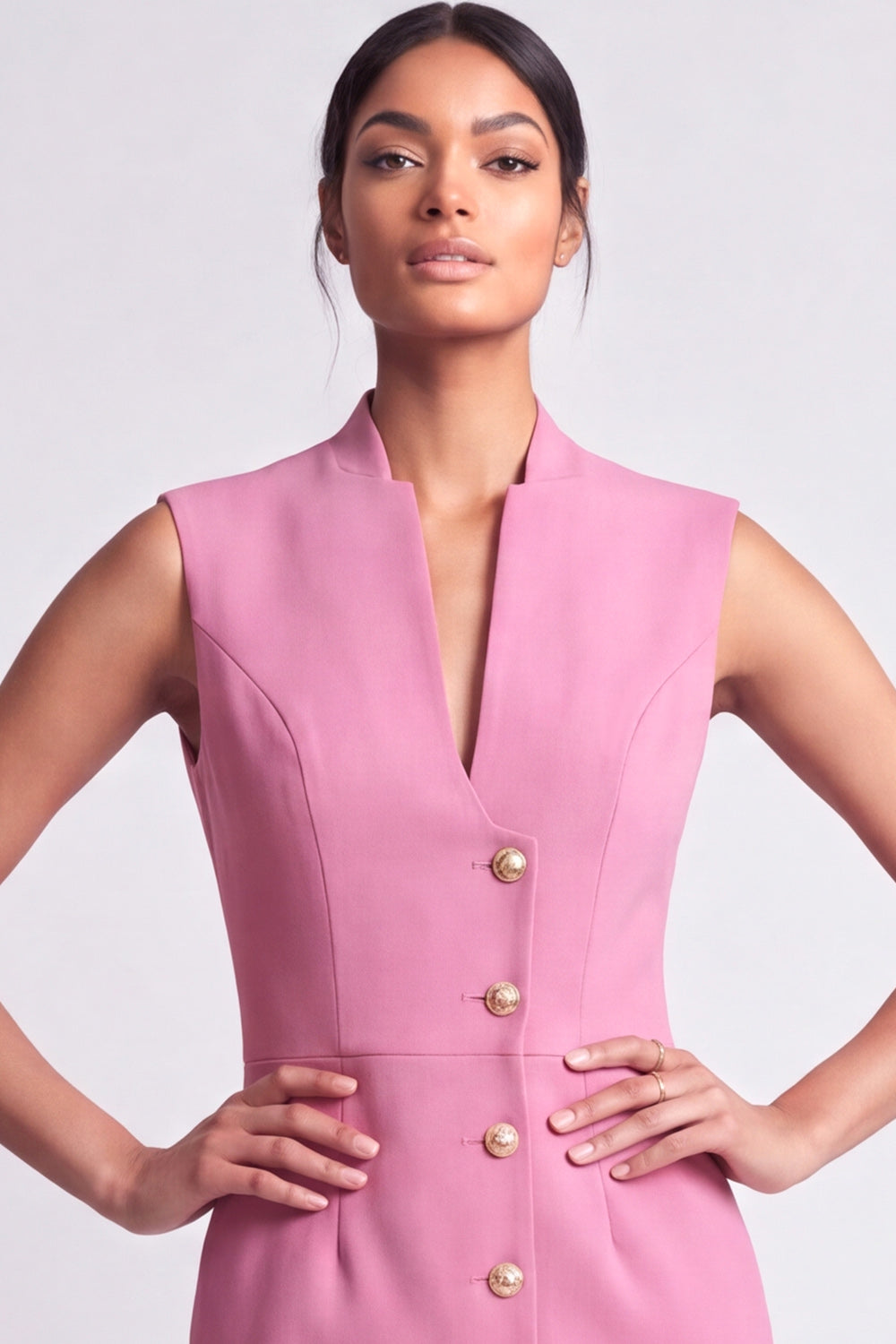 Pink V-Neck Short Single Breasted Work Dress