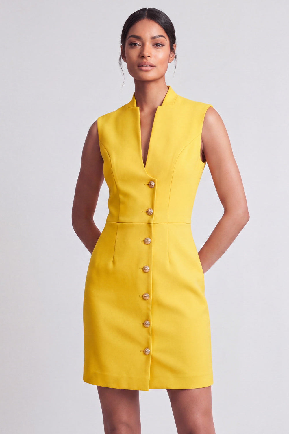 Pink V-Neck Short Single Breasted Work Dress