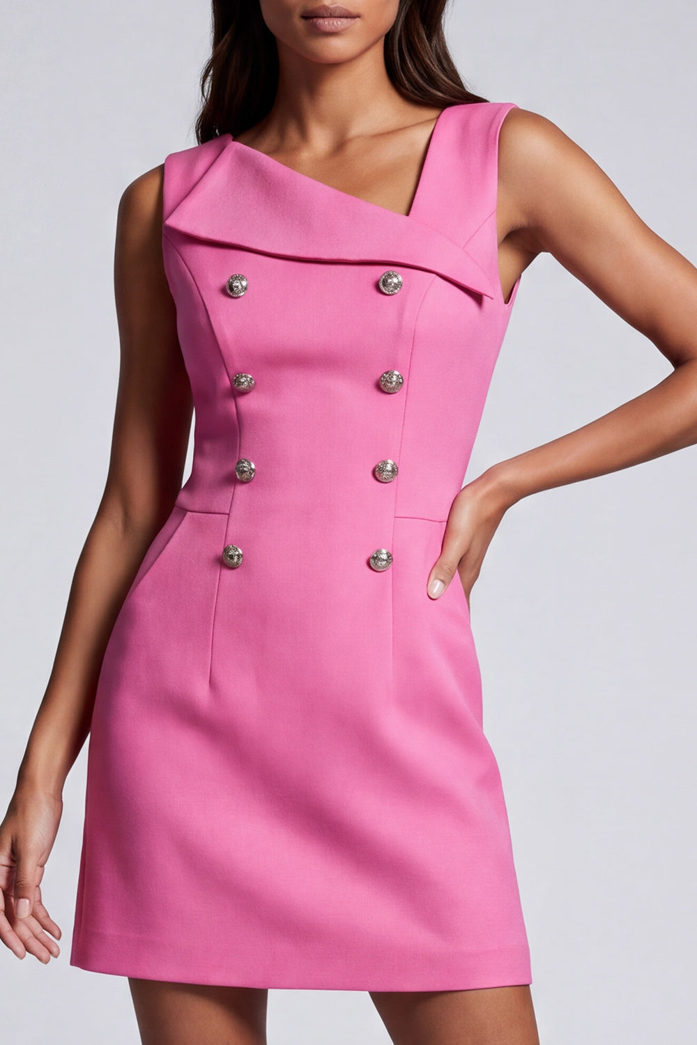 Hot Pink Asymmetrical Neck Double Breasted Short Work Dress