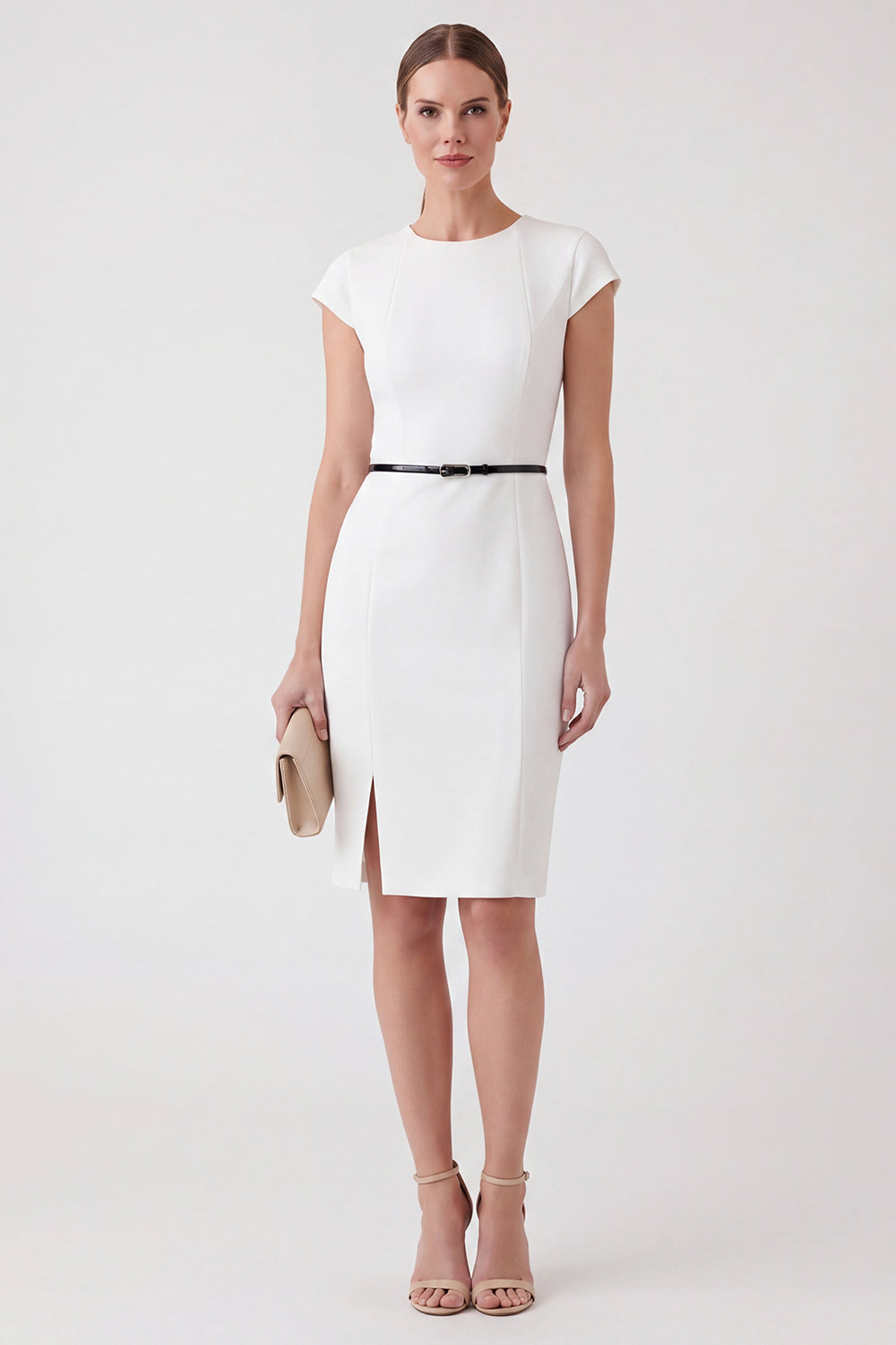 White Round Neck Pencil Short Cap Sleeves Work Dress with Belt