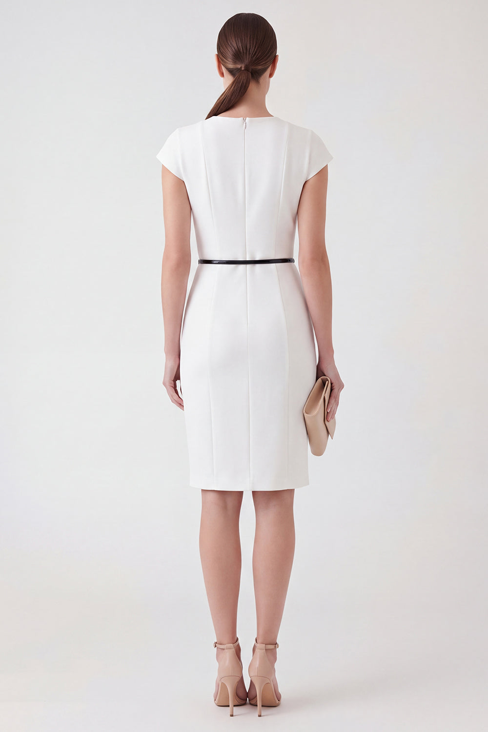 White Round Neck Pencil Short Cap Sleeves Work Dress with Belt