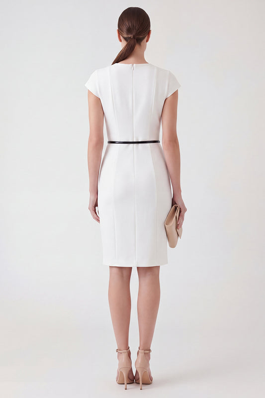 White Round Neck Pencil Short Cap Sleeves Work Dress with Belt