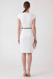 White Round Neck Pencil Short Cap Sleeves Work Dress with Belt