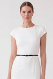 White Round Neck Pencil Short Cap Sleeves Work Dress with Belt