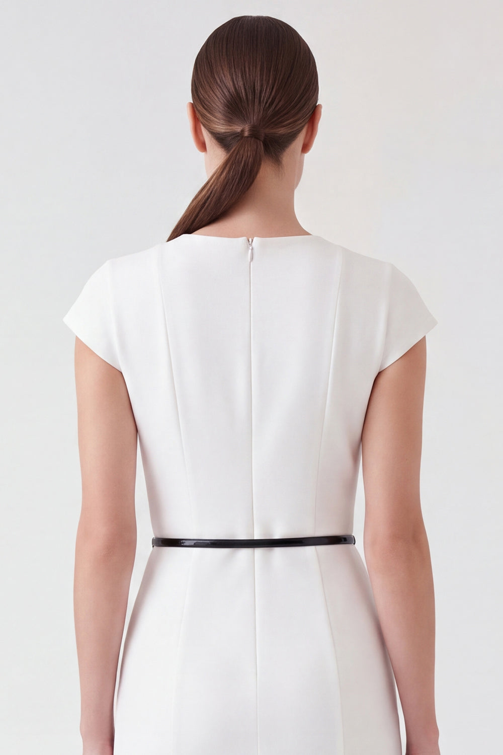 White Round Neck Pencil Short Cap Sleeves Work Dress with Belt