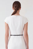 White Round Neck Pencil Short Cap Sleeves Work Dress with Belt
