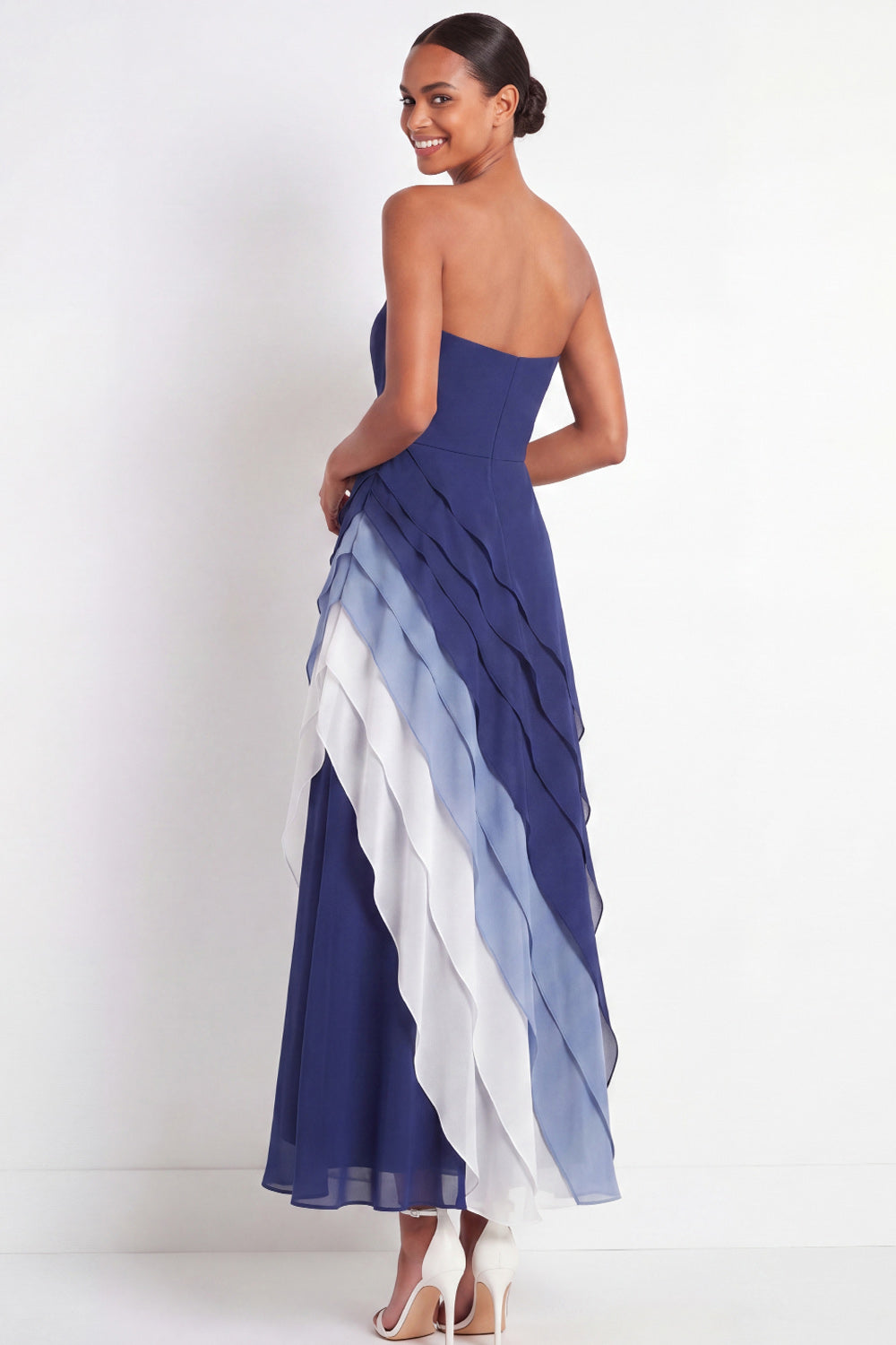 Strapless Blue Maxi A Line Color Block Wedding Guest Dress with Ruffles