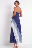 Strapless Blue Maxi A Line Color Block Wedding Guest Dress with Ruffles