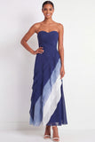 Strapless Blue Maxi A Line Color Block Wedding Guest Dress with Ruffles