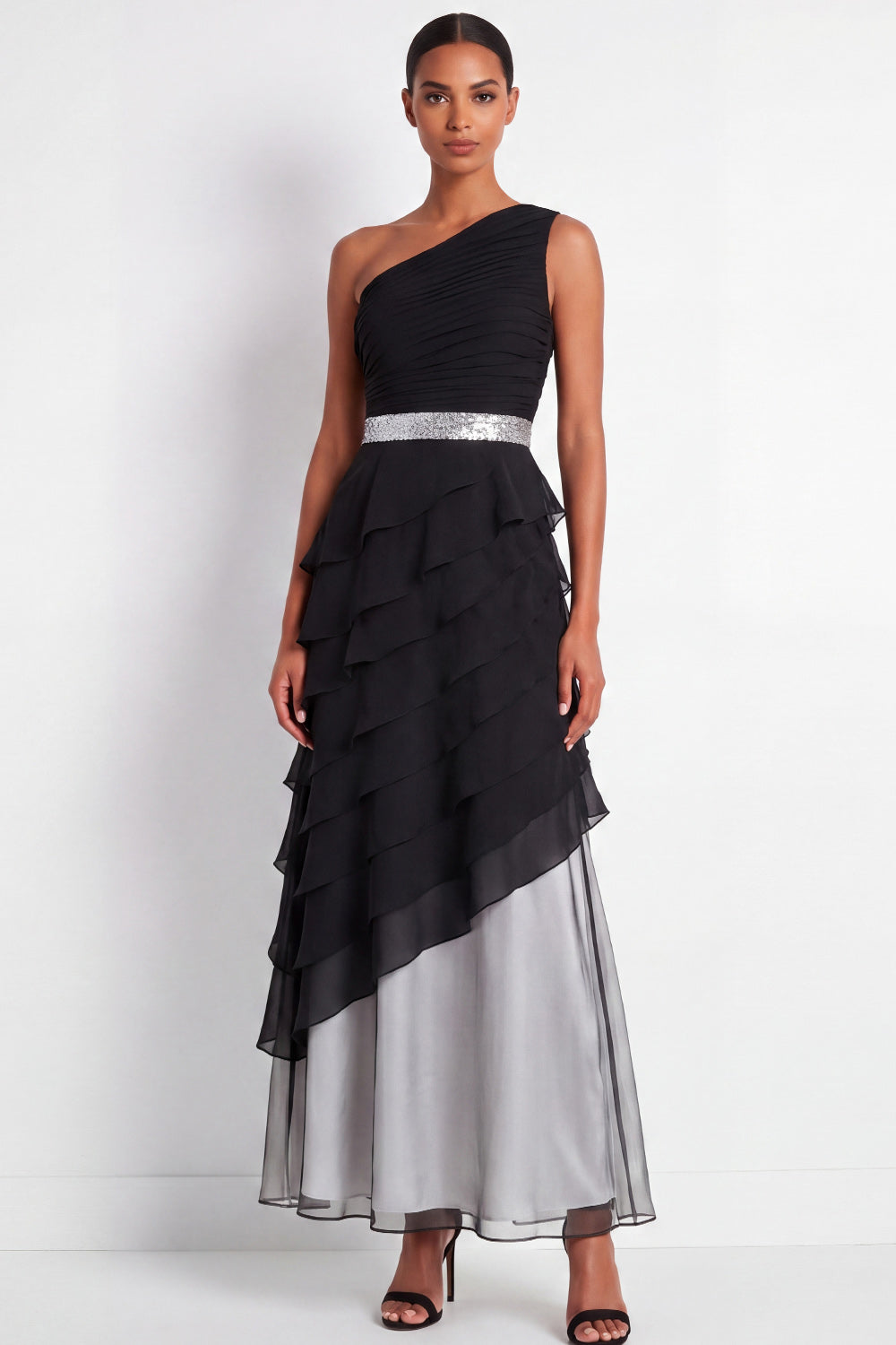 Black Maxi A Line One Shoulder Formal Dress with Ruffles