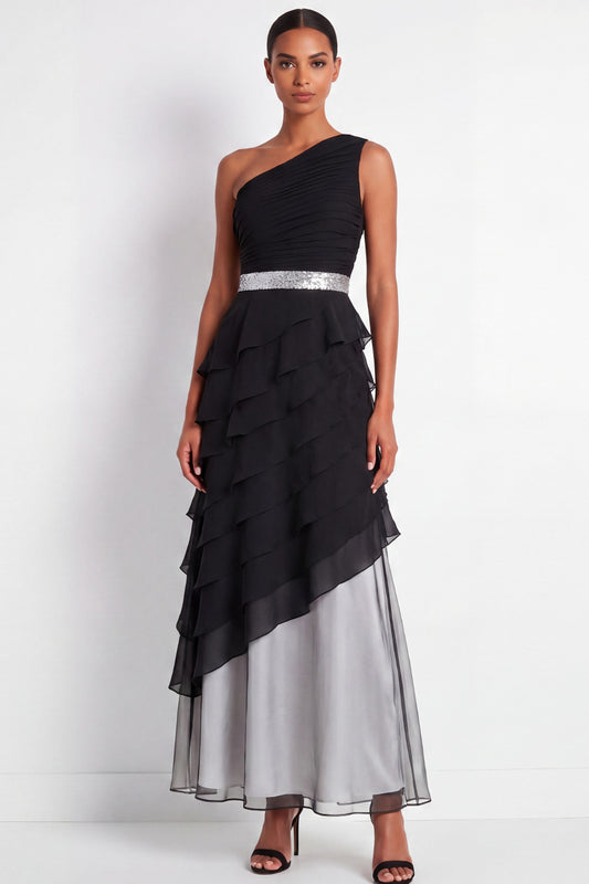 Black Maxi A Line One Shoulder Formal Dress with Ruffles