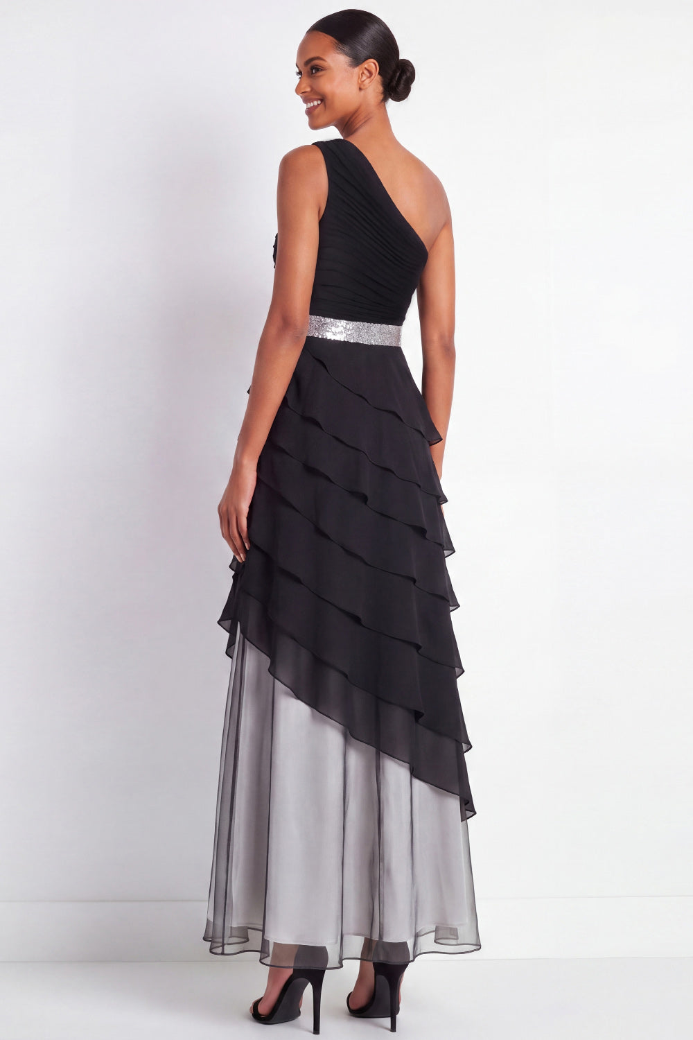 Black Maxi A Line One Shoulder Formal Dress with Ruffles
