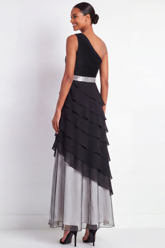 Black Maxi A Line One Shoulder Formal Dress with Ruffles