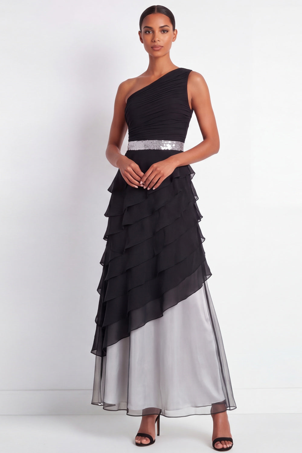 Black Maxi A Line One Shoulder Formal Dress with Ruffles