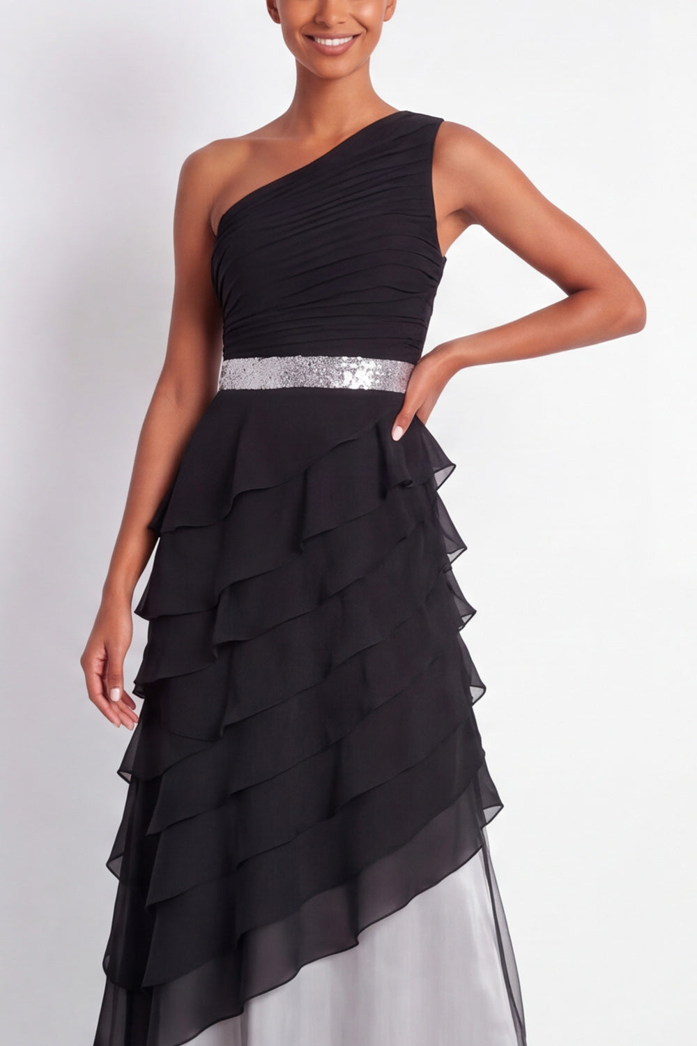Black Maxi A Line One Shoulder Formal Dress with Ruffles