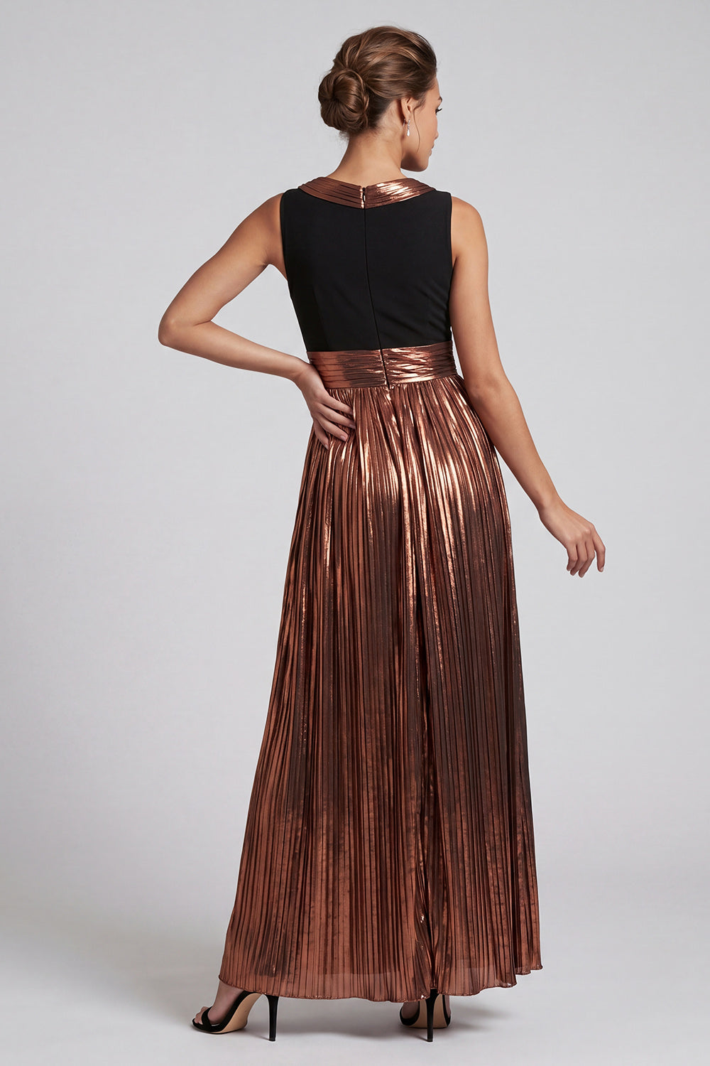 Sparkly Coffee Long A Line Boat Neck Metallic Mother of the Bride Dress