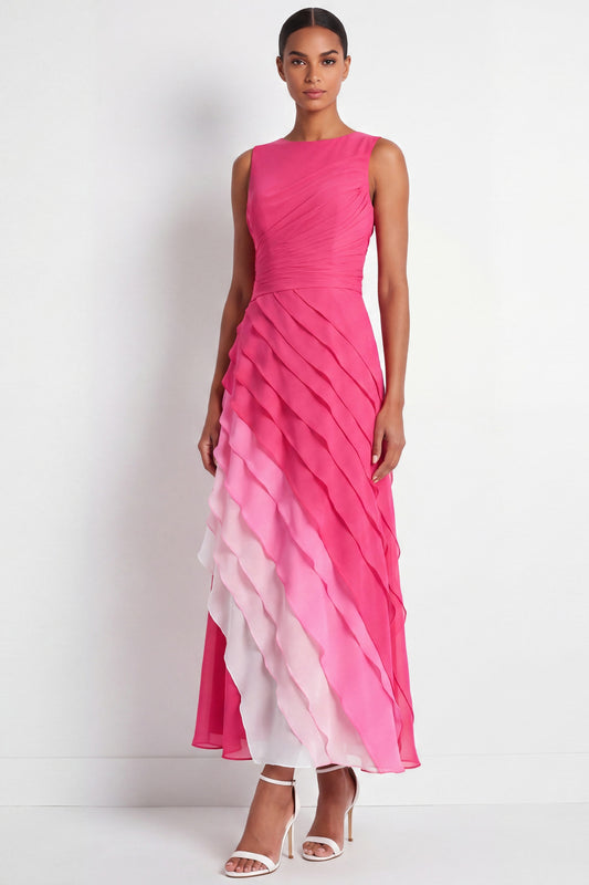 Fuchsia Boat Neck Maxi A Line Color Block Wedding Guest Dress with Ruffles