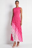 Fuchsia Boat Neck Maxi A Line Color Block Wedding Guest Dress with Ruffles