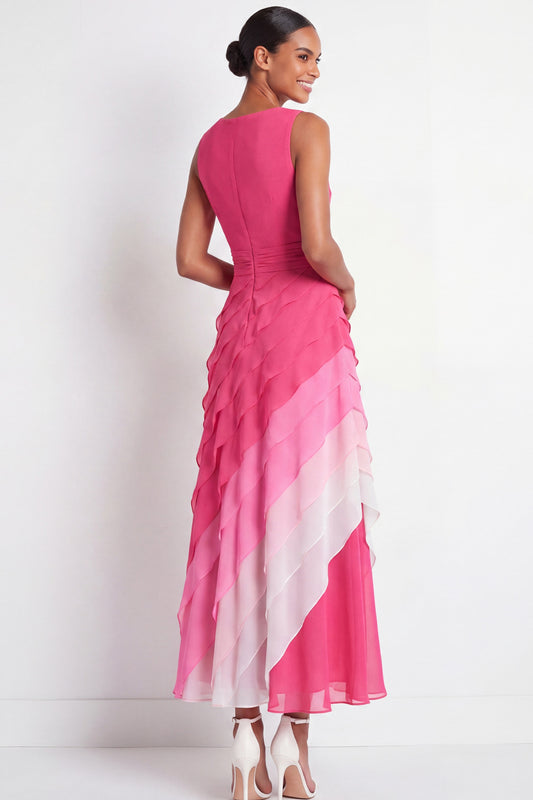 Fuchsia Boat Neck Maxi A Line Color Block Wedding Guest Dress with Ruffles