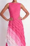 Fuchsia Boat Neck Maxi A Line Color Block Wedding Guest Dress with Ruffles