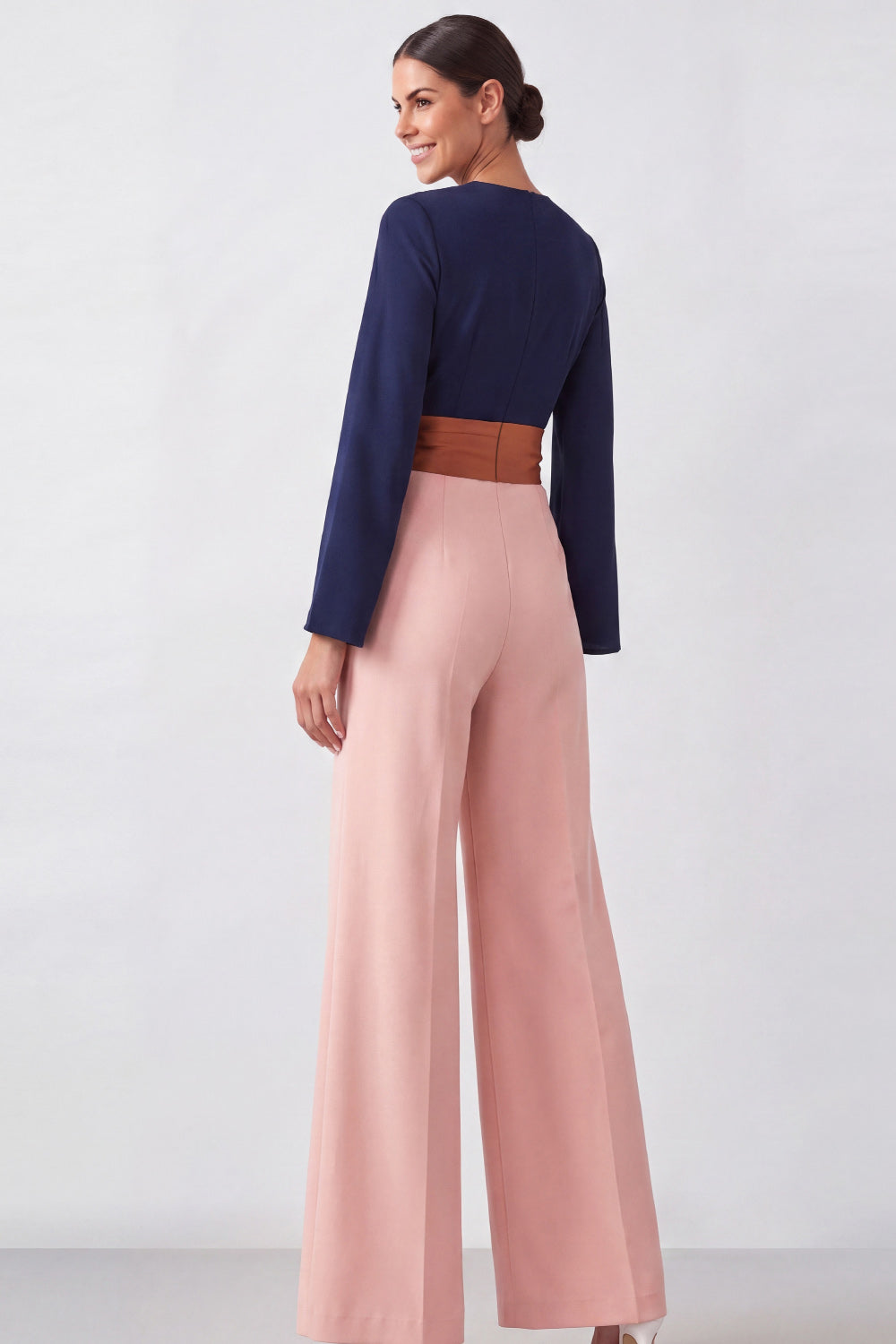 V-Neck Brown Color Block Formal Jumpsuits with Belt