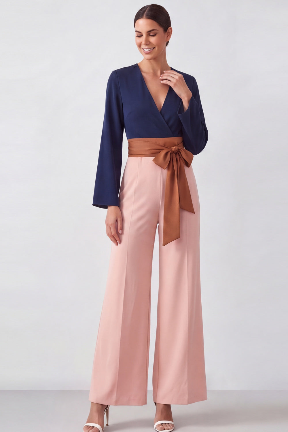V-Neck Brown Color Block Formal Jumpsuits with Belt