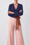V-Neck Brown Color Block Formal Jumpsuits with Belt