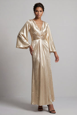 Sparkly Champagne Long Sheath V-Neck Metallic Ruched Mother of the Bride Dress