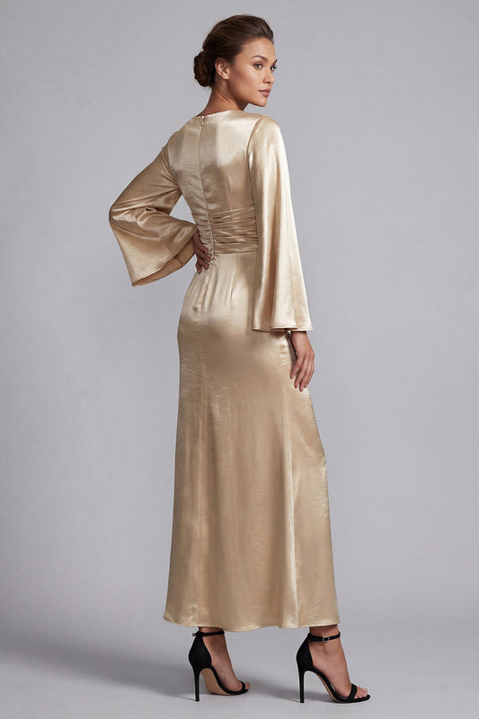 Sparkly Champagne Long Sheath V-Neck Metallic Ruched Mother of the Bride Dress