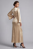Sparkly Champagne Long Sheath V-Neck Metallic Ruched Mother of the Bride Dress