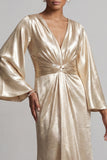 Sparkly Champagne Long Sheath V-Neck Metallic Ruched Mother of the Bride Dress