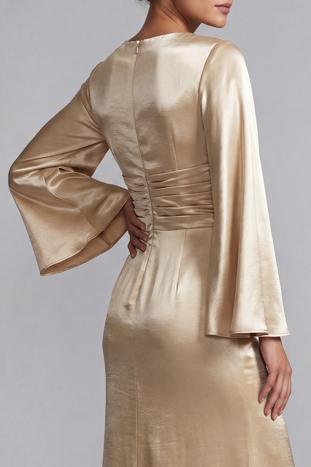 Sparkly Champagne Long Sheath V-Neck Metallic Ruched Mother of the Bride Dress