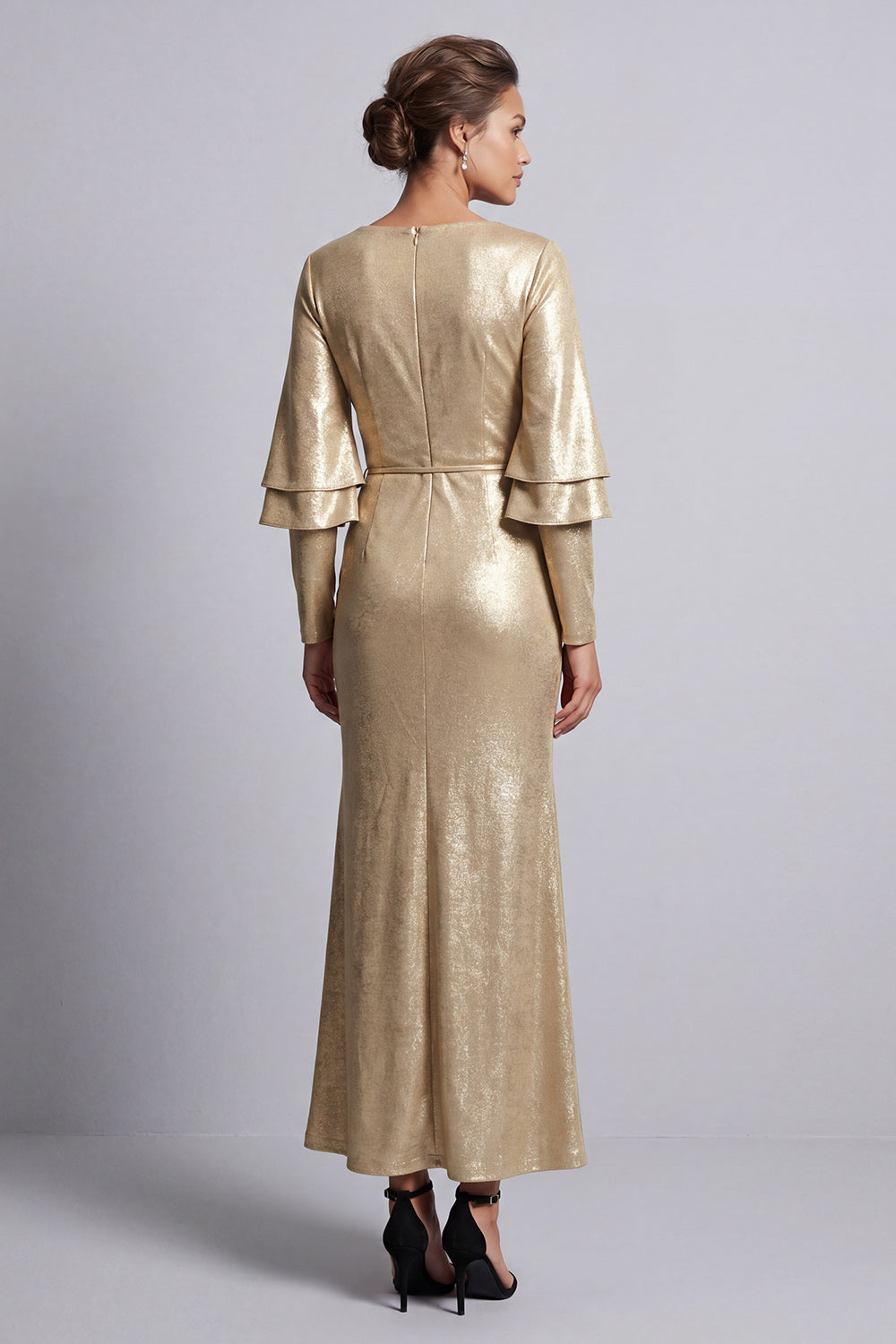 Metallic Ruched Sparkly Champagne Long Sheath Mother of the Bride Dress