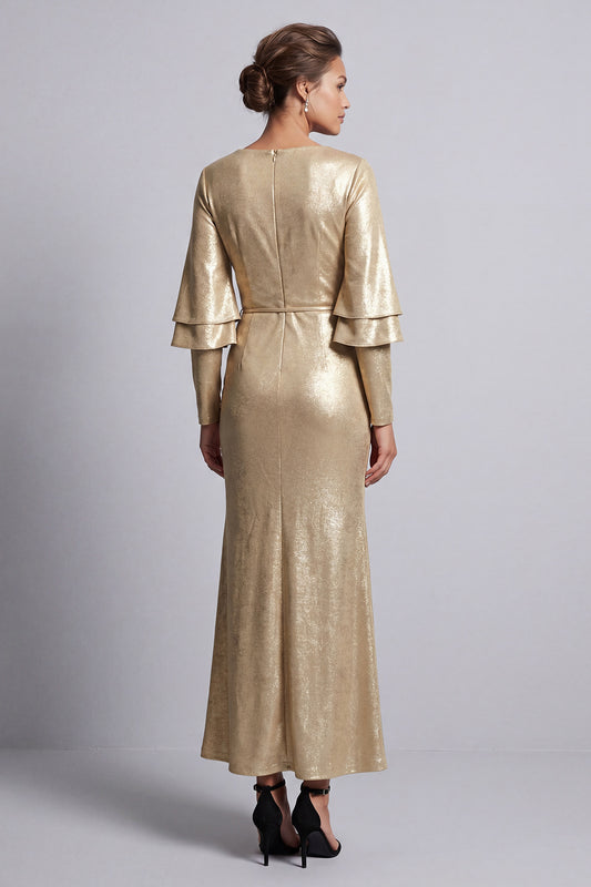 Metallic Ruched Sparkly Champagne Long Sheath Mother of the Bride Dress