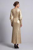 Metallic Ruched Sparkly Champagne Long Sheath Mother of the Bride Dress