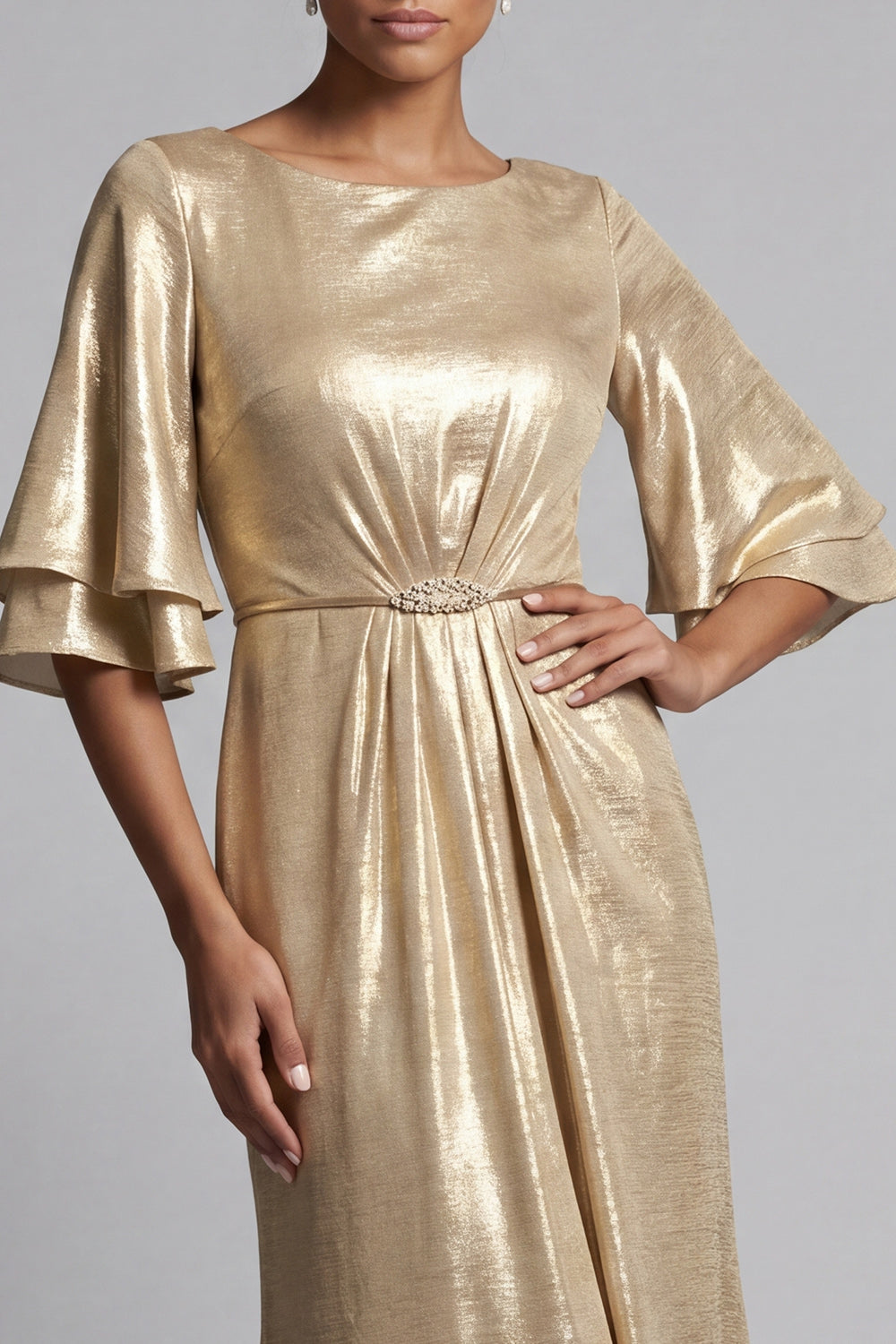 Metallic Ruched Sparkly Champagne Long Sheath Mother of the Bride Dress
