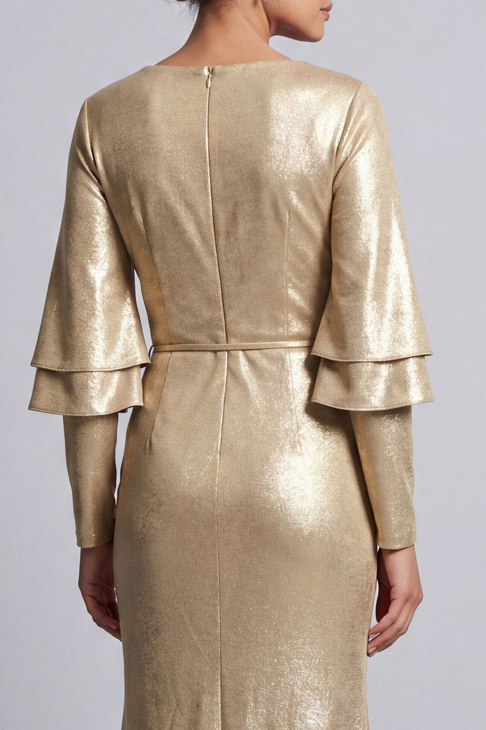 Metallic Ruched Sparkly Champagne Long Sheath Mother of the Bride Dress