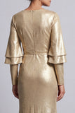 Metallic Ruched Sparkly Champagne Long Sheath Mother of the Bride Dress