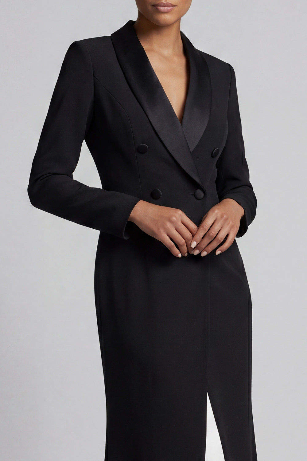 Shawl Lapel Black and White Mermaid Double Breasted Long Work Dress