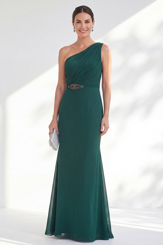 Zapakasa Women Maxi Green Satin Formal Dress Mermaid Ruched One Shoulder Evening  Dress