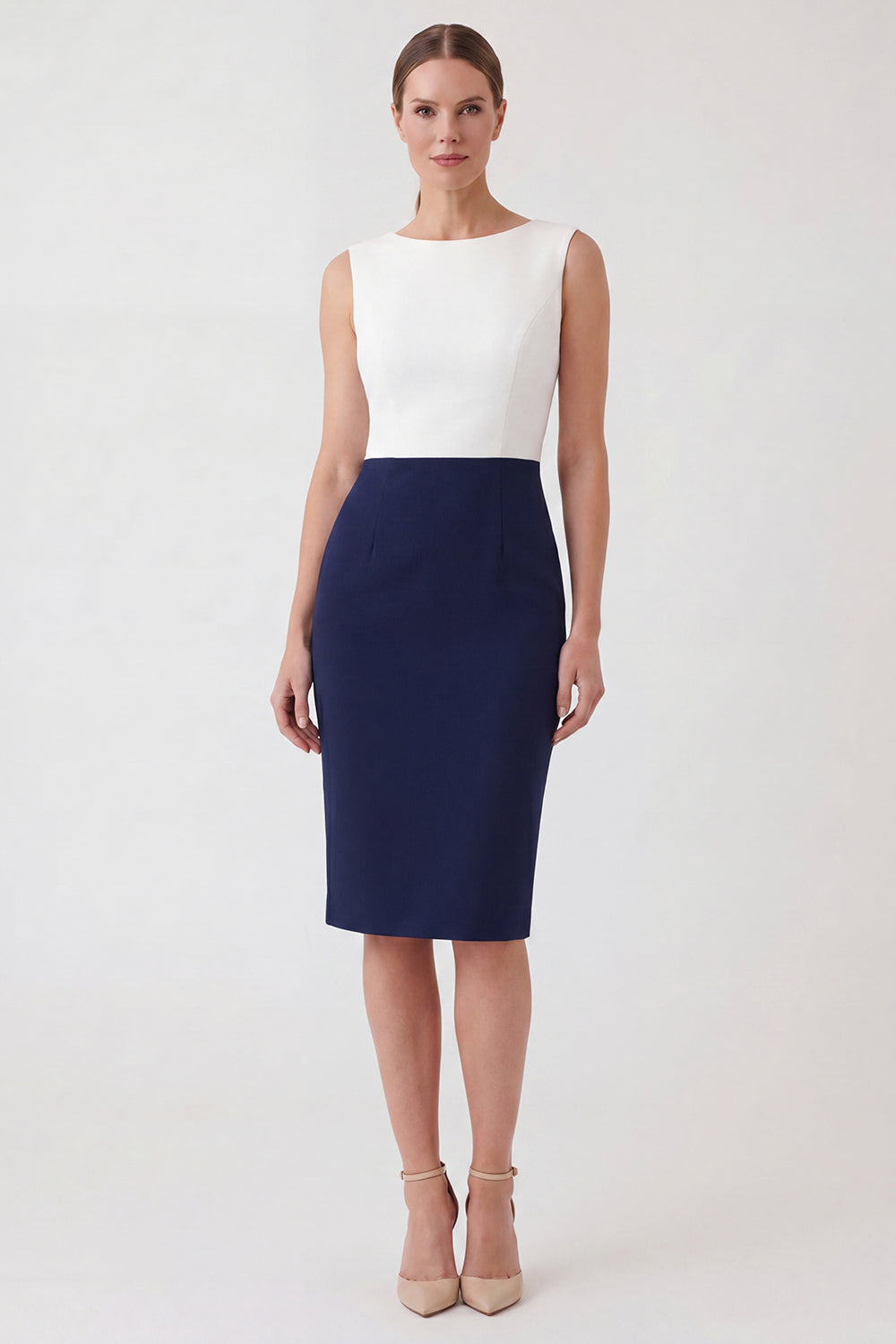 White and Navy Patchwork Color Block Boat Neck Pencil Short Work Dress