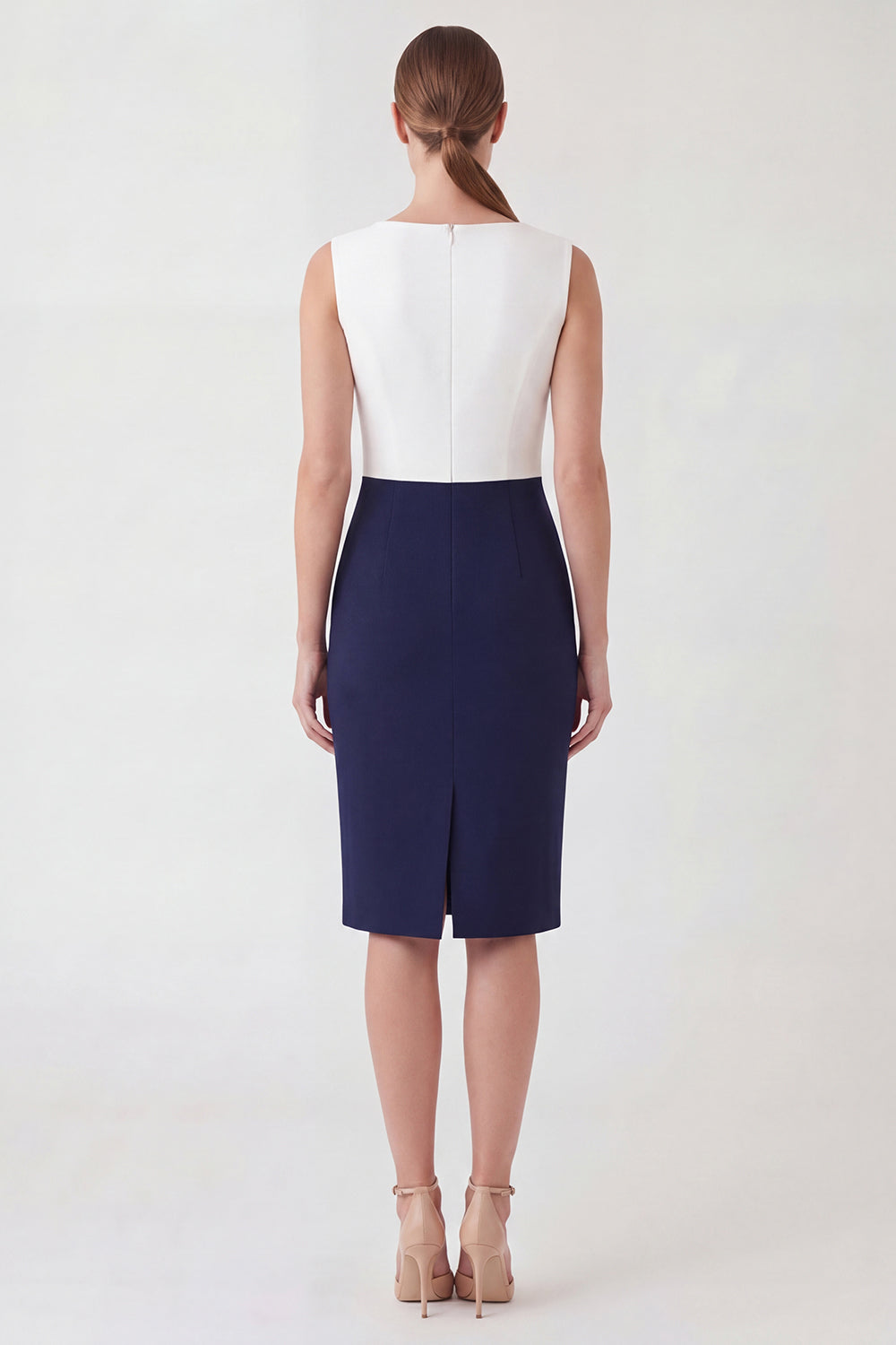 White and Navy Patchwork Color Block Boat Neck Pencil Short Work Dress